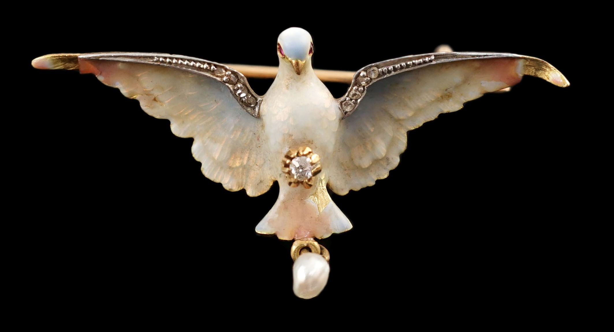 An early to mid 20th century 18ct gold, enamel, rose cut diamond and baroque pearl drop set brooch, modelled as a dove in flight
